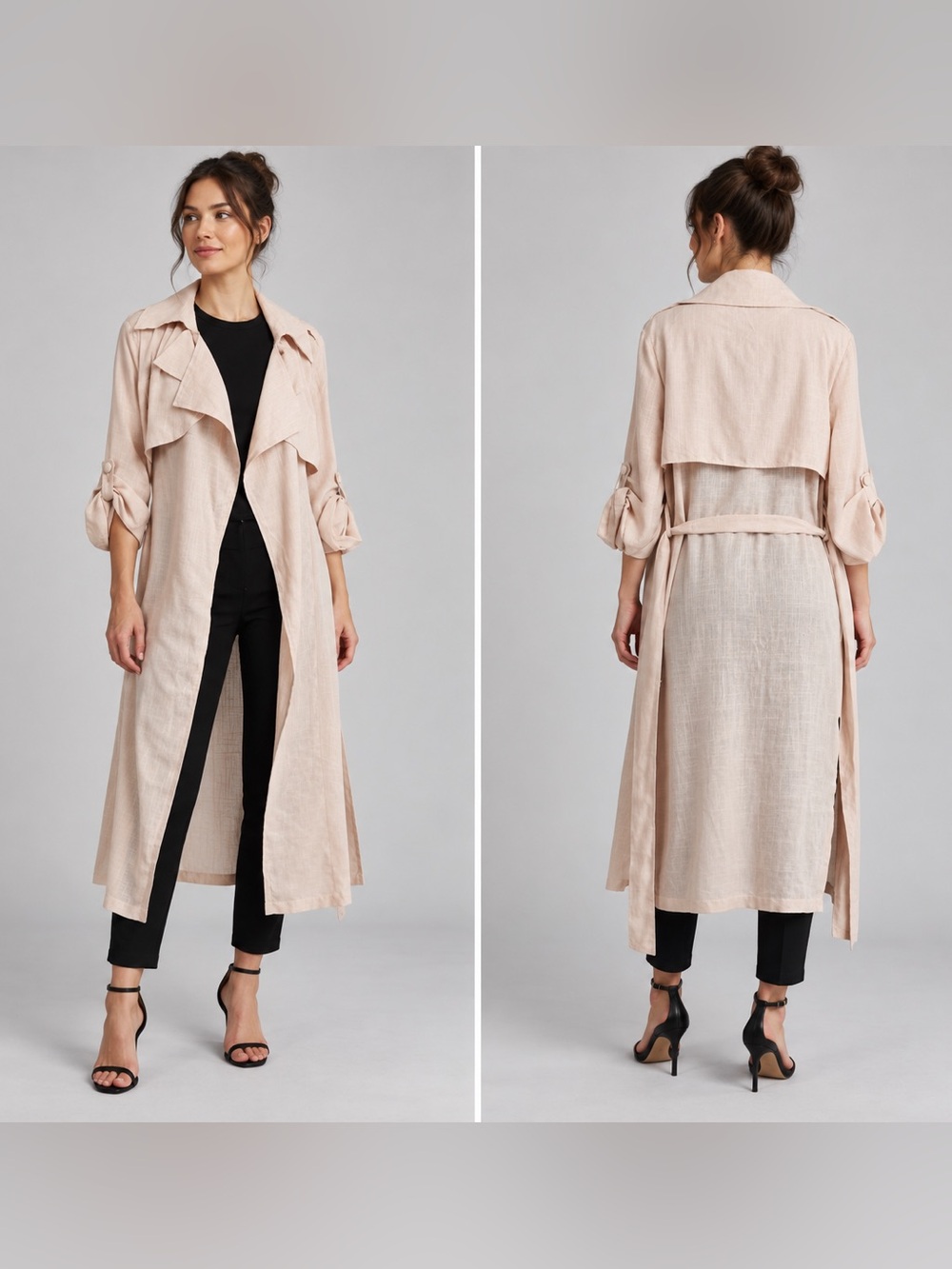 Windsor Women’s Long Linen Blend Duster Trench Coat Taupe Belted Pockets M